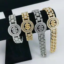 Rotatable Dollar Crystal Cuban Chain Link Bracelet For Men Women Hip Hop Alloy Bling Rhinestone Goth Hand Chain Necklace Jewelry