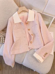 Autumn Winter Women Sequined Tweed Short Coat Long Sleeve Lady Turn-Down Collar Jacket Pocket Cardigan Luxury Fragrant Outerwear