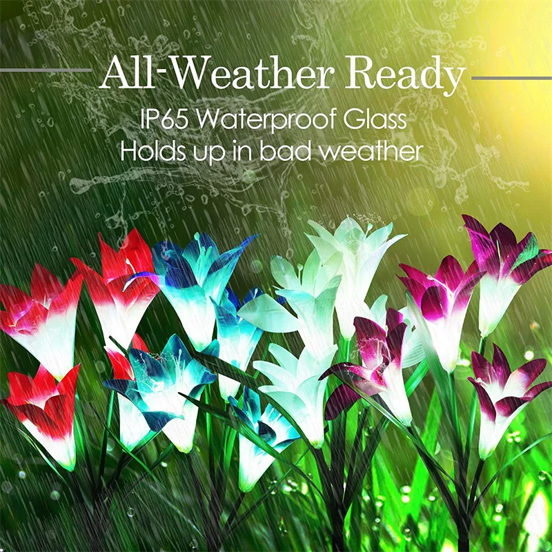 LED Garden Lights with 4 Head Lily 7 Color Variations Solar Lights Romantic Flower Atmosphere Lights for Lawn/Yard/Wedding Decor