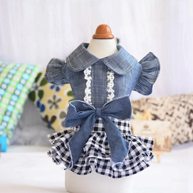 Pet Spring Summer Cowboy Clothes Dog Girls Plaid Denim Dress Small Medium Dogs Bubble Bowknot Skirt Pet Puppy Shirt Jumpsuit