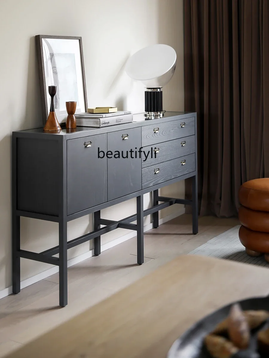 

zxqModern Minimalist Nordic Style Designer Model Three-Drawer Double Door Side Cabinet Black Cabinet Living Room