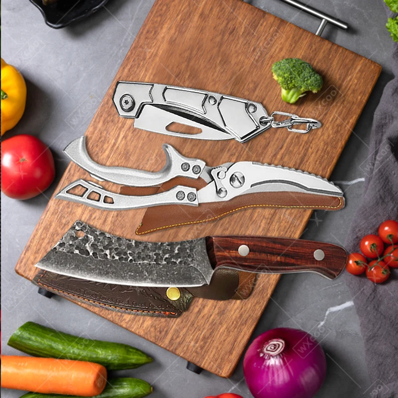 Multi-purpose Hand forged Butcher Knife Cleaver, Meat Cleaver Carving Knife Stainless Steel Kitchen Knife Poultry Scissors
