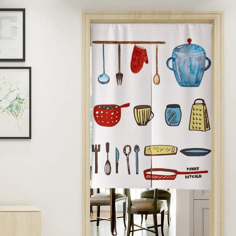 Kitchenware Kitchen Door Curtain Cute Cartoon Tableware Half Curtain Partition Entrance Kitchen for Home Decor Japanese Style