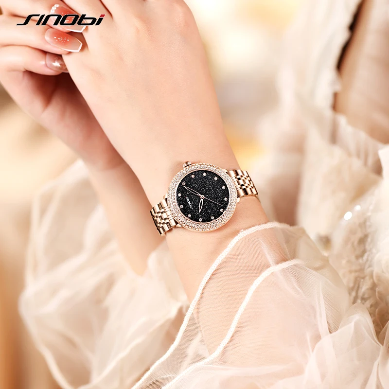 SINOBI Fashion Women\'s Watches Top Luxury Diamond Ladies Quartz Wristwatches Girls Elegant Rose Golden Gifts Clock for Wife