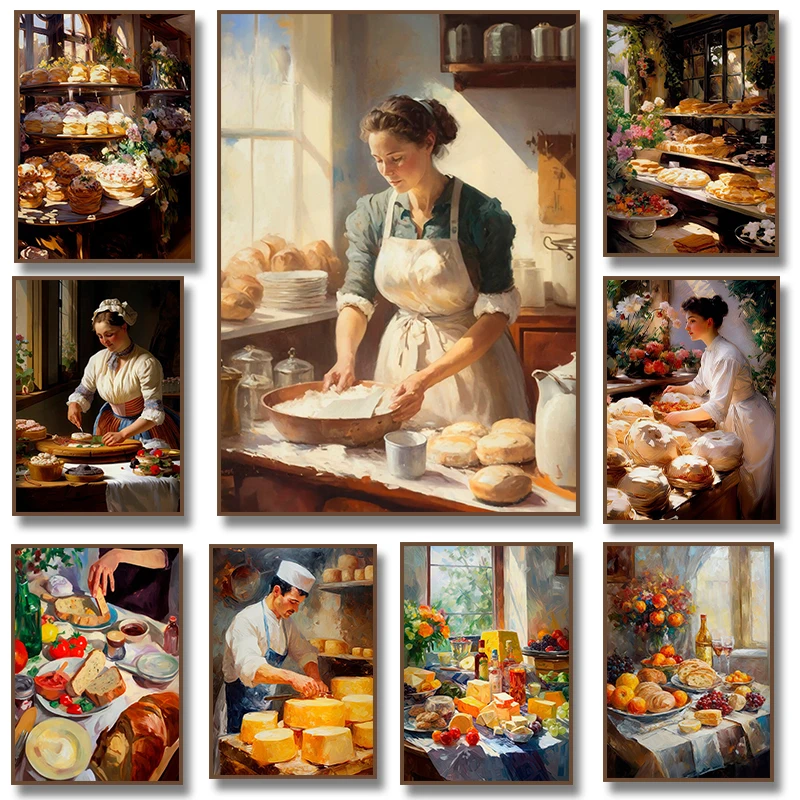 The Breadmaker Cheese Vintage Food Fruit Wine Poster Art, Kitchen Canvas Painting Antique Floral Food Baker Gift Home Decor