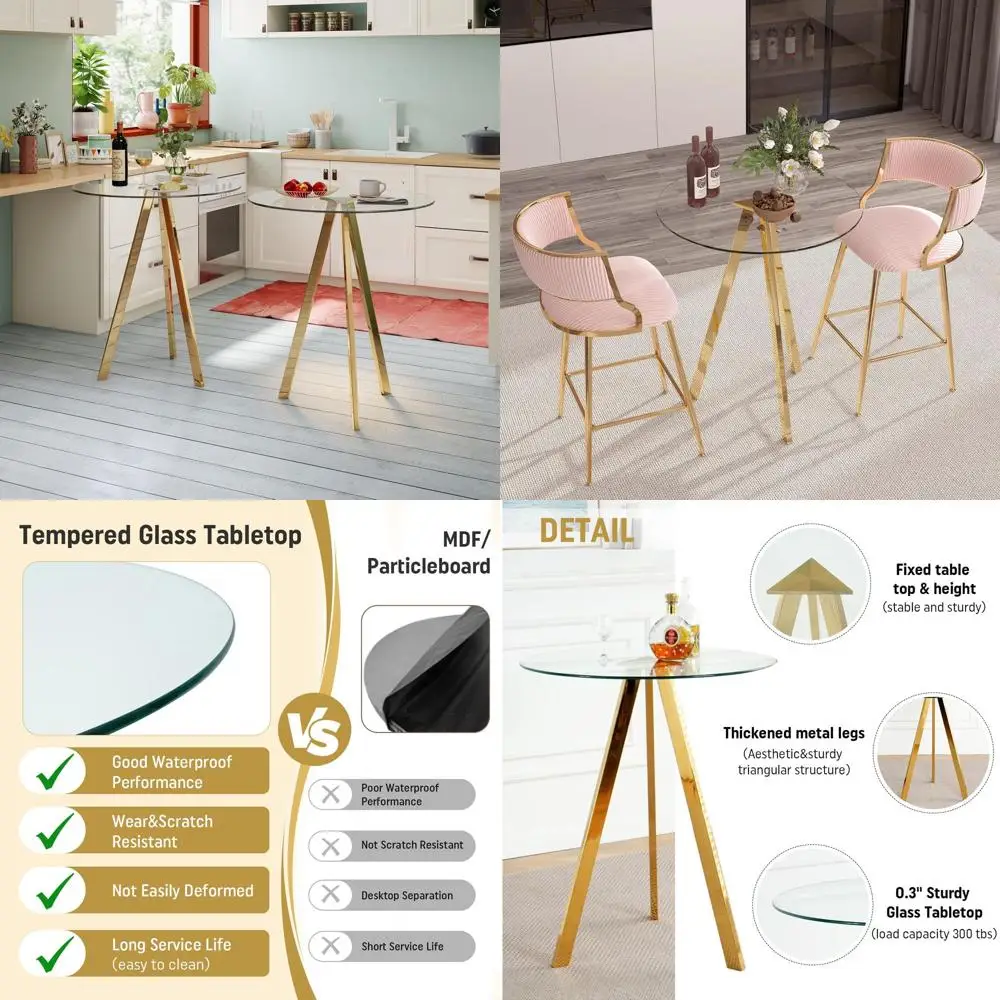 

2 Pack Round Bar Tables, 37.4 High Pub, 31 Small Cocktail Tables with Metal Bases and Glass Tops for Small Spaces, Bistro Pub St