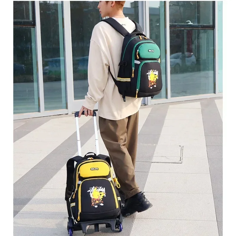 MINISO Pokemon Pikachu Kids Boys School Bag TwoWheel Six- Wheel Trolley Backpack Student Insulatedtrolley Bag