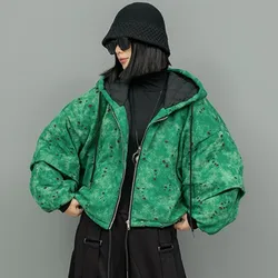 Trendy Cool Vintage Fabric Cotton Hooded Oversized Zipper Short Jacket Women 2024 Winter Green Thick Coat LX2548