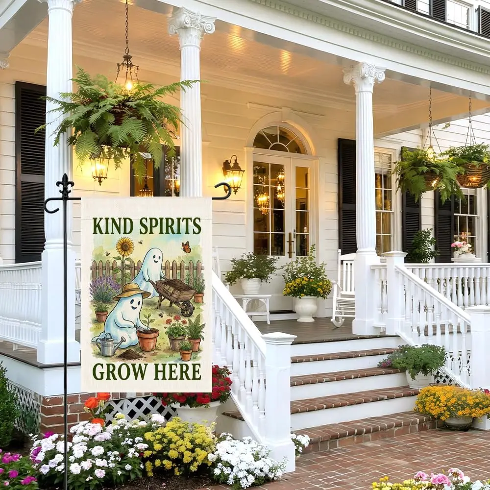 Kind Spirits Grow Here Garden Flag, Halloween Ghost Gardening Decor, 12 x 18 Inch Double Sided Cute Floral Planting Yard Fla yyi