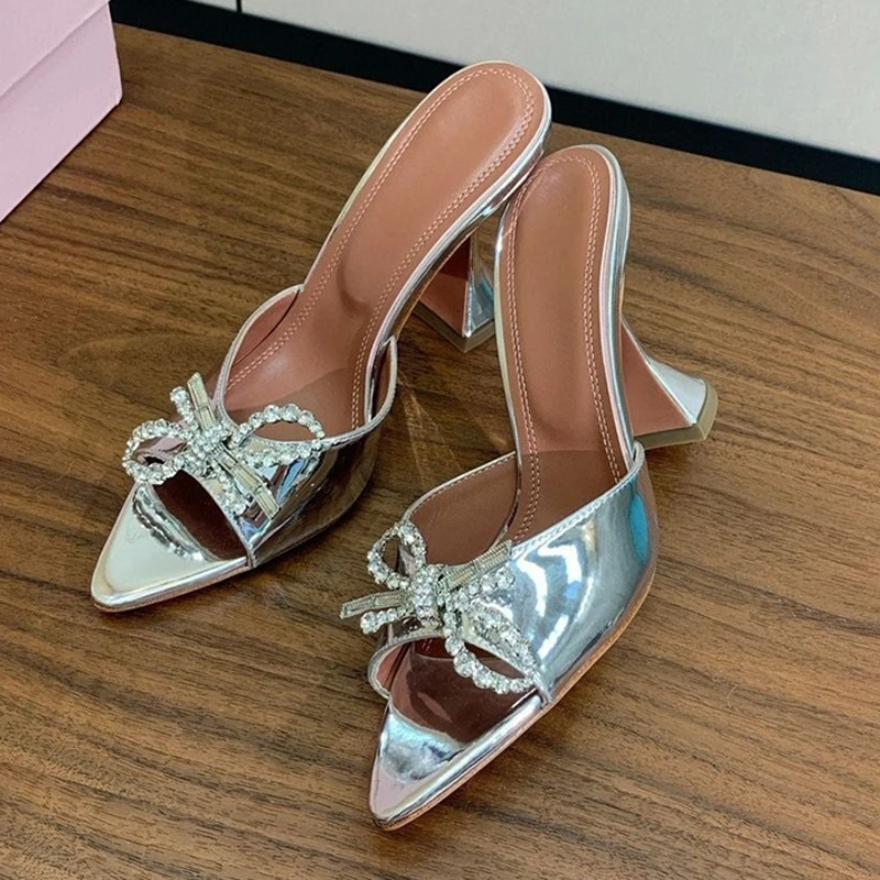 

New Patent Leather Rhinestone Bow-Knot Decor Slippers Women Pointed Toe Peep Toe Goblet Heel Sandals Summer Dress Shoes Pumps