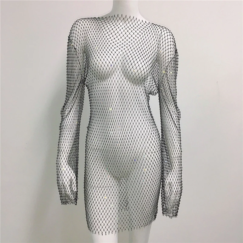 Glänzende Strass Grid Fishnet Kleid Langarm V-ausschnitt Aushöhlen Urlaub Kleid Sexy Strand Cover Up Atmungsaktive Dame Vestidos – Detail 5