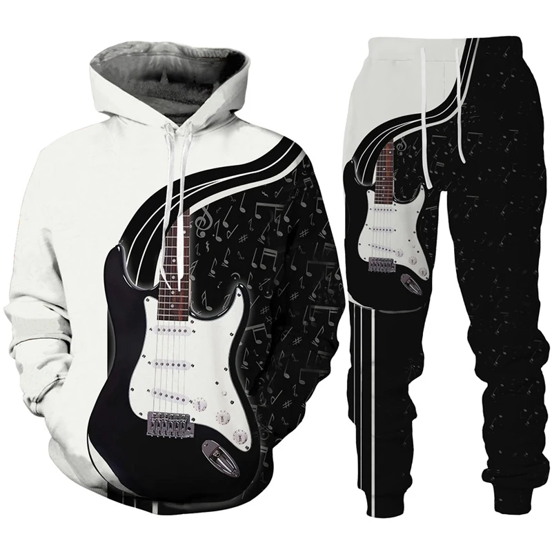 Novelty Rock Music Guitar 3D Print Hoodie/Suit Men's Tracksuit Casual Pullover Sweatshirts+Pants Set Hip Hop Streetwear Clothing