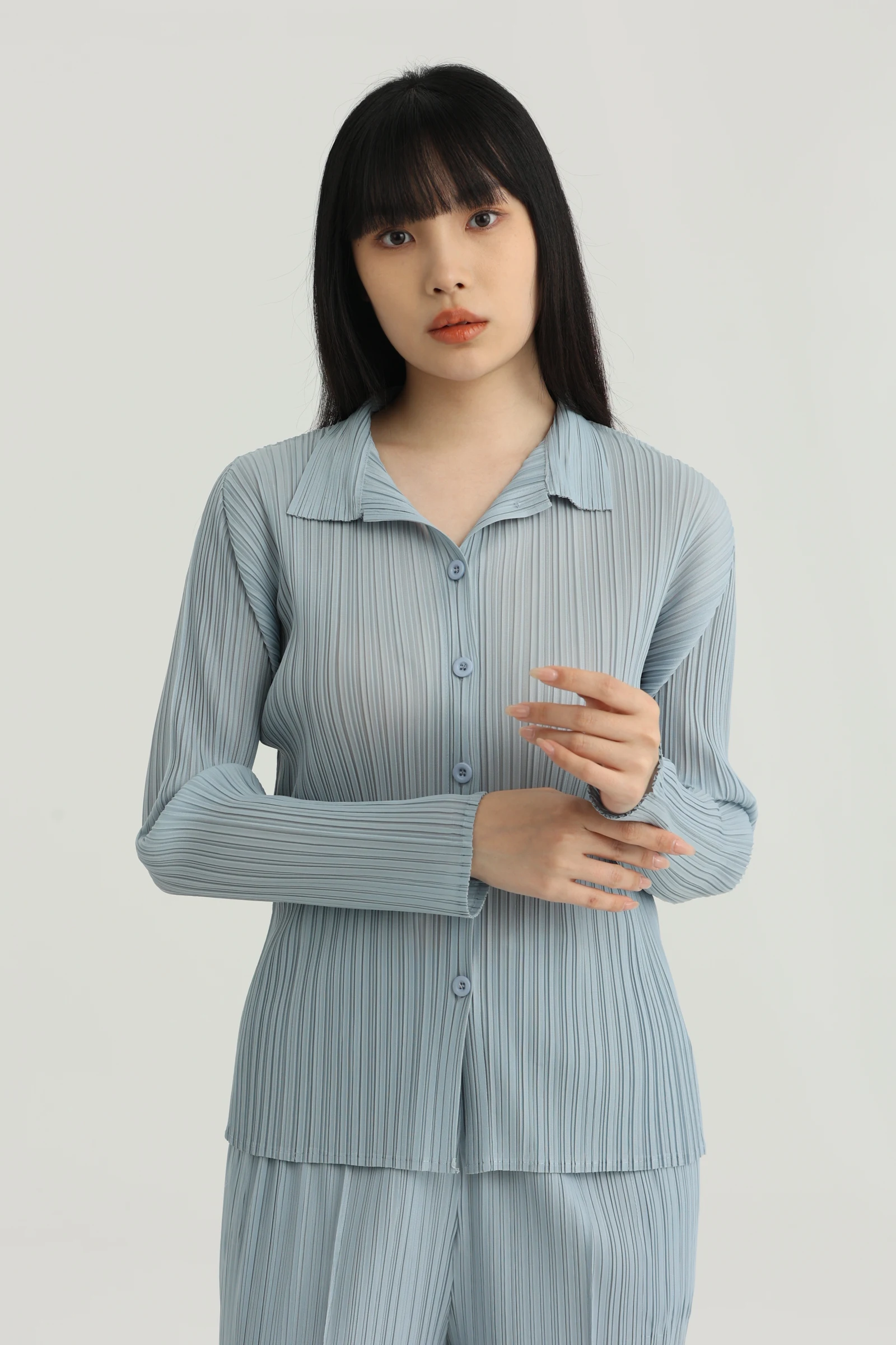 

Soft Pure Color Shirt Low Saturation Melange Color Commute Versatile Polyester Fabric Long Sleeve Stand Collar Regular Length