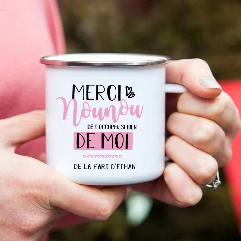 Creative Coffee Tea Cups Merci Nounou Printed Mugs Drink Water Milk Cup Enamel Mug School Home Handle Drinkware Gifts for Nounou