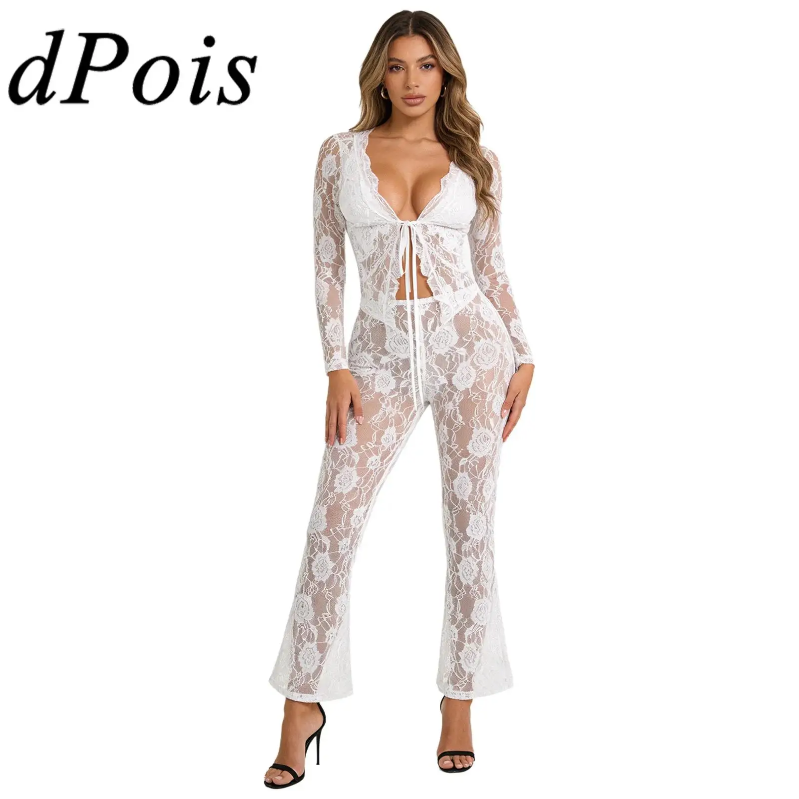 Womens Two Pieces See Through Floral Lace Cover-up Outfit V Neck Cardigan Flared Pants Suits  for Party Evening Nightclub Sets