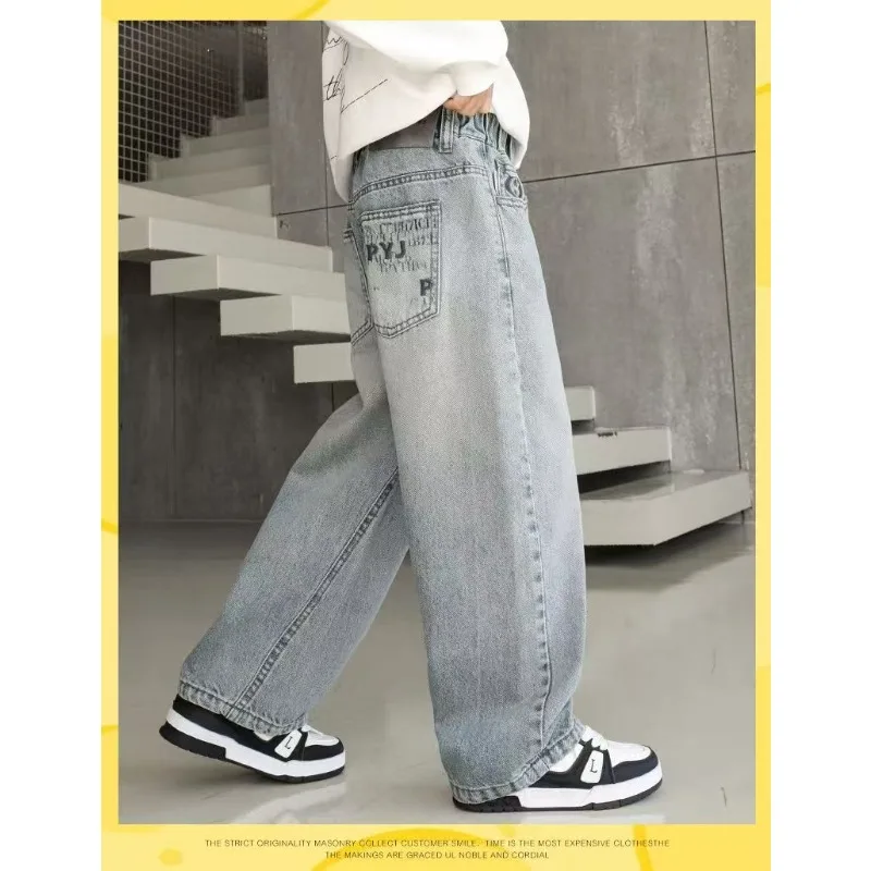 Herbst Kinder Jeans UNITIM 4-14 Jahre Jungen Denim-Hosen mit Schriftzetteltasche Lose Elastische Taille Junior Jungen Gerade Hosen Teenager Jungen Hose – Detail 7