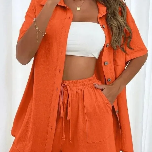 Conjunto de camisas y faldas de dos piezas para mujer, traje informal holgado de manga corta con una hilera de botones, a la moda, 2022