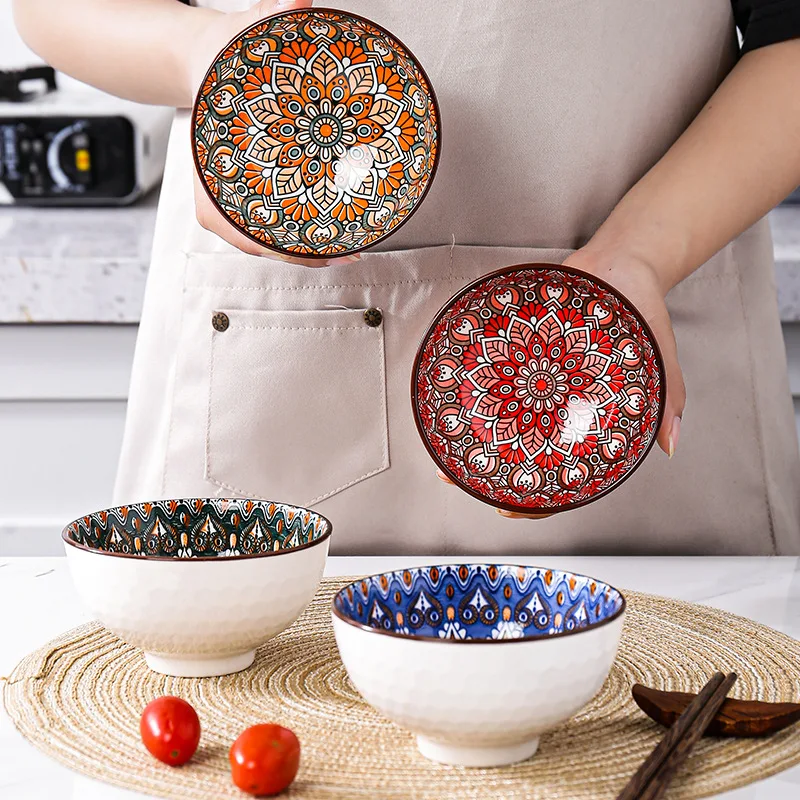 

4pcs household rice bowl Bohemian style ceramic under-glaze hand-painted dining bowl 350ml bowl
