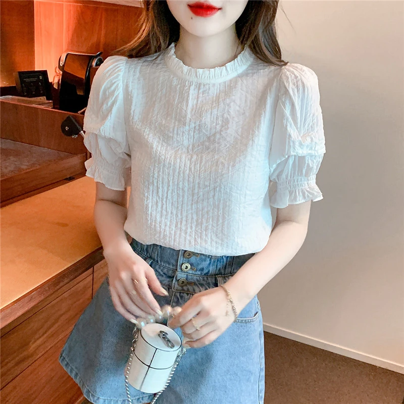 Women Clothes Ruffled White Sweet Elegant Blouse Summer Trendy Casual Short Sleeve Slim Street Shirts Chic Pullover Chiffon Tops