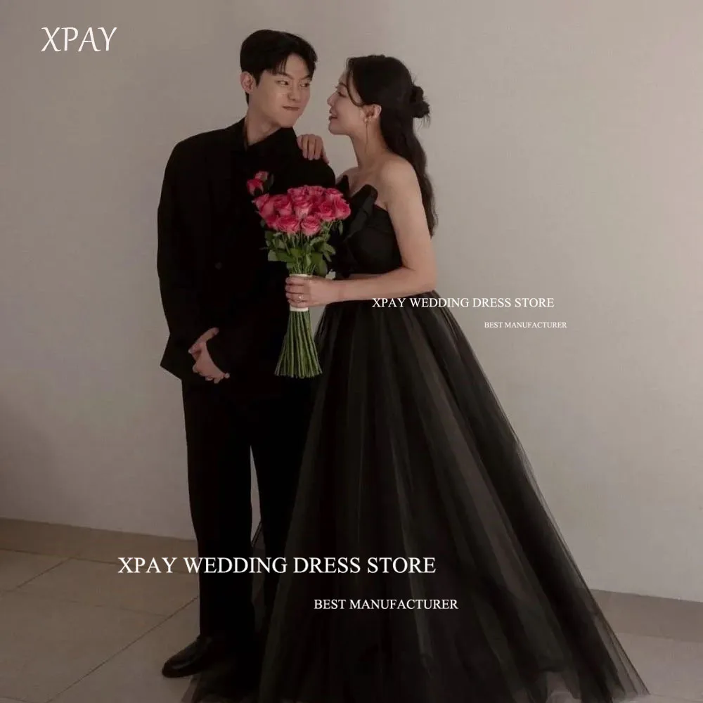 

XPAY Simple Black 2Pcs Strapless Bow Korea Prom Dresses Customised A-line Floor-Length Evening Gown Photoshoot Sleeveless 웨딩드레스