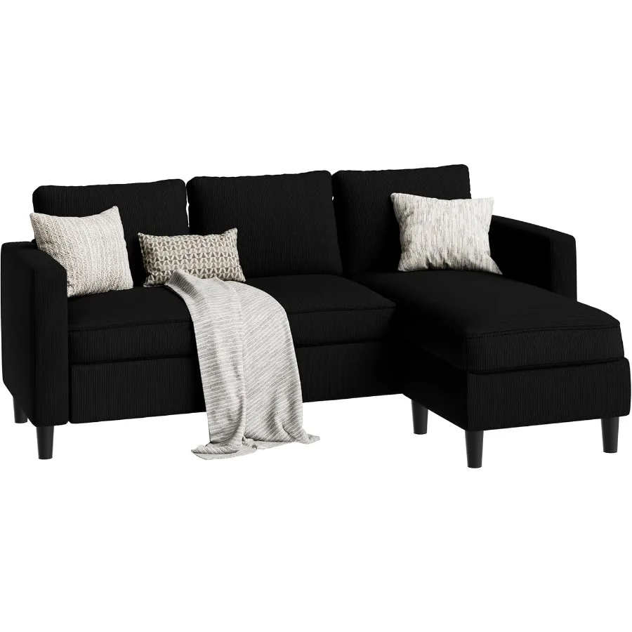 L-Shaped Sectional Sofa for Living Room Apartment, Ribbed Fabric, Matte Black, Compact and Comfy with Reversible Ottoman