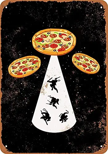 Pizza UFO Abducting Turtles Wall Poster Tin Sign Vintage BBQ Restaurant Dinner Room Cafe Shop Decor