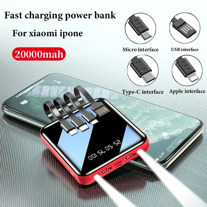 20000mAh  Mini Power Bank Portable Charger with Four Cables Mirror Screen LED Digital Display External Battery Pack Poverbank