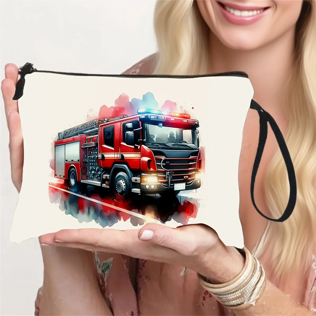Fun Fire Truck Pattern 2D Flat Print Toiletry Bag Stationery Pouch Pencil Case with   Lightweight And Practical Mak