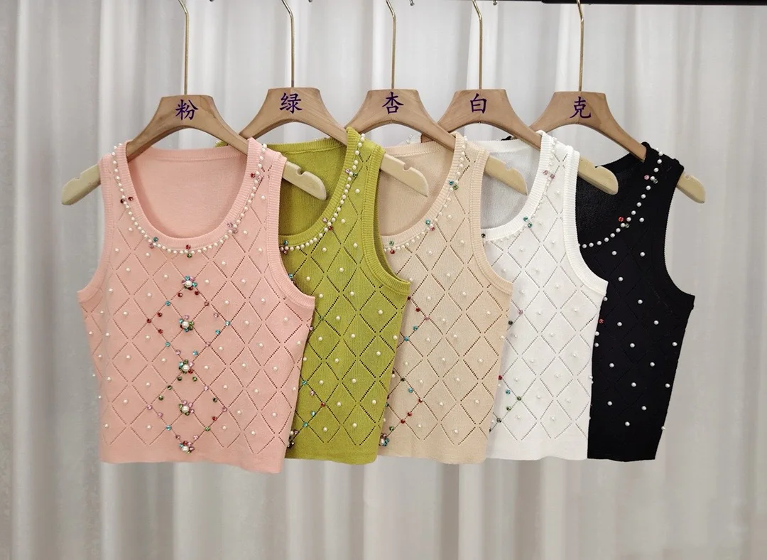 

2025 New Ice Silk Diamond Encrusted Camisole Vest Female Inner Summer Outside Wear Short Knitted Tops Women Summer Short Vest