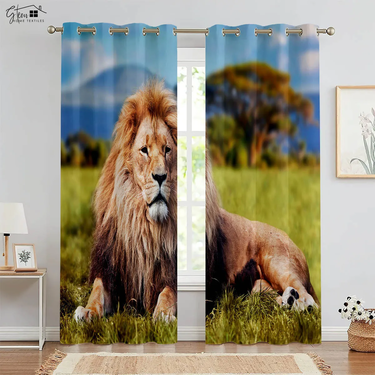 Animal Lion Print Curtains Grass River Cute Hand-Painted Boys Ins Bedroom Living Room Children's Room Decorative Curtains 2PCS