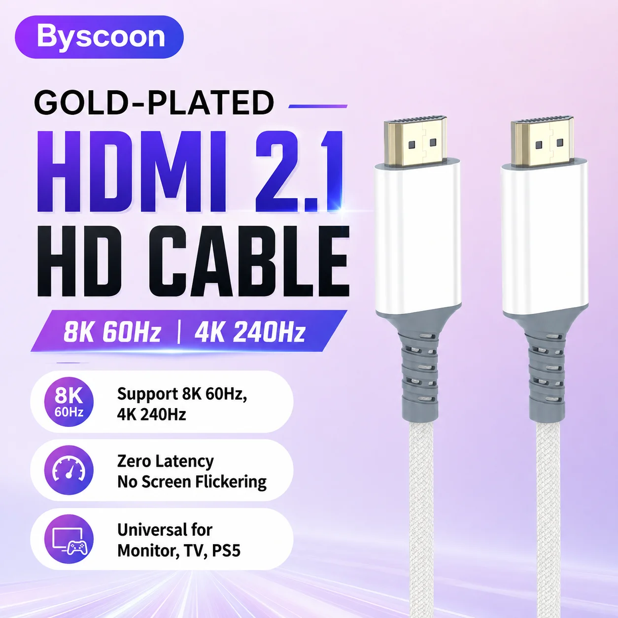 HDMI 2.1 Cable 1M/2M/3M White 8K 60Hz 4K 240Hz High Speed HDMI Cord Ultra HD Video Cable for TV Monitor Projector 2026 New