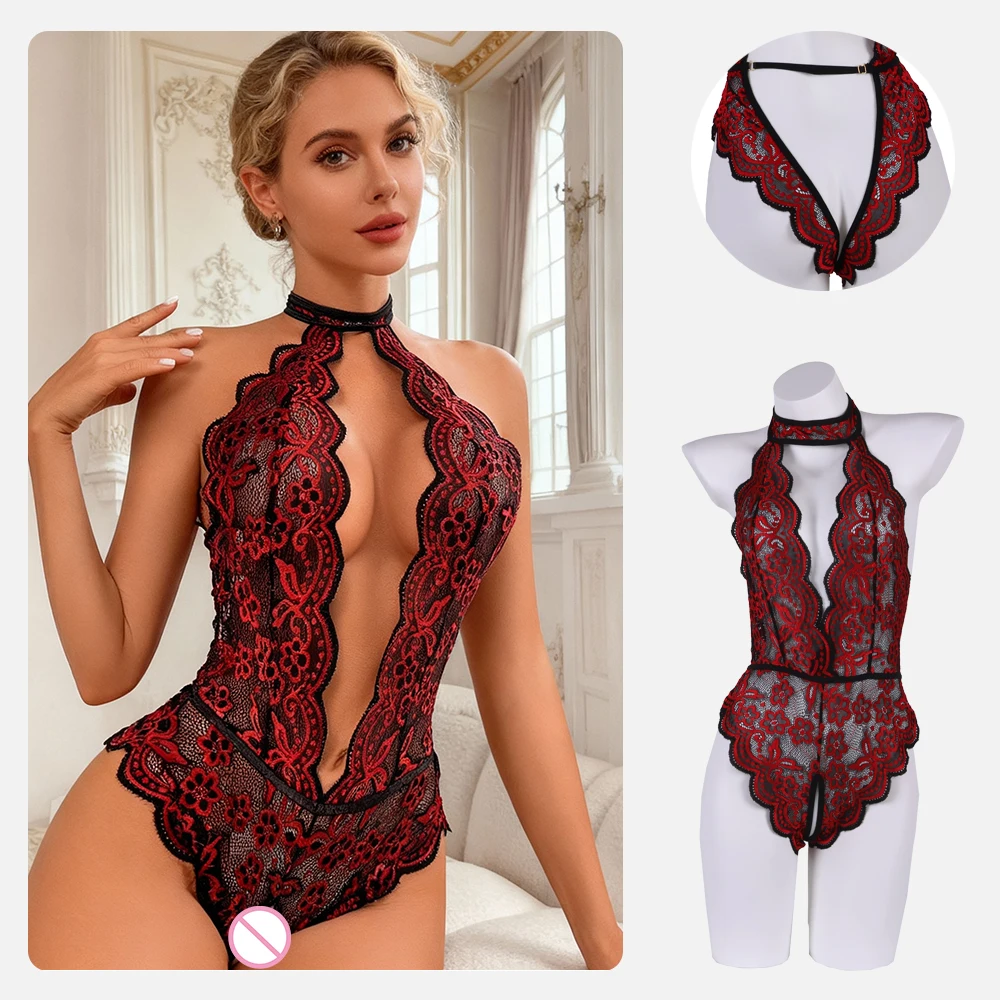 

Lace Color-blocking Embroidery Erotic Lingerie, Sexy Cut-out Lace-up Backless Jumpsuit, No-take Deep V Lingerie Set