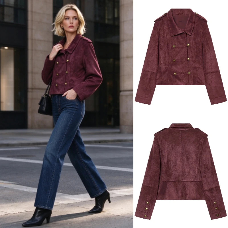 Women's Suede Jacket New 2026 Autumn Casual Lapel Collar Double-Breasted Women's Winter Jacket With Soulder Tabs Female Coats