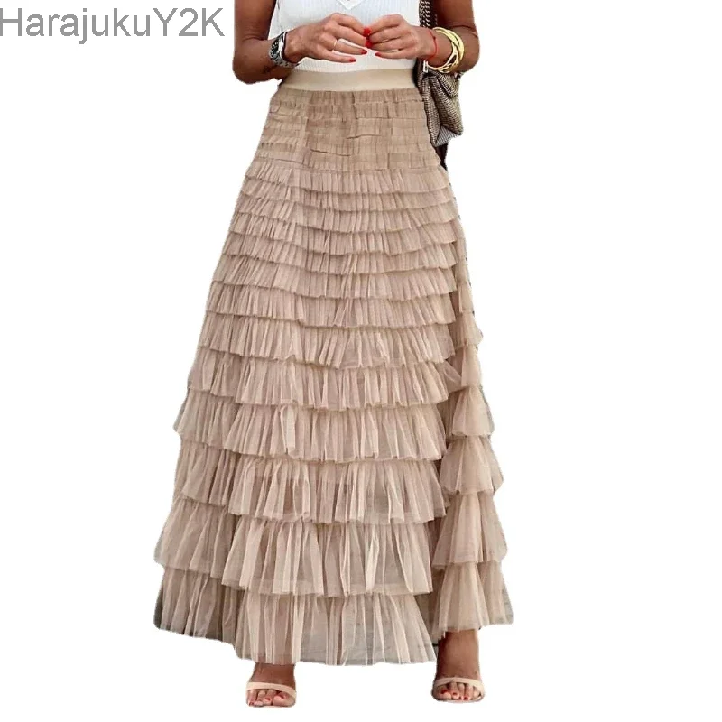 

Casual Womens Solid Ball Gown Long Skirt Tulle High Waist Pleated Elegant Ladies Wild Mesh Dating Maxi Skirts Drop