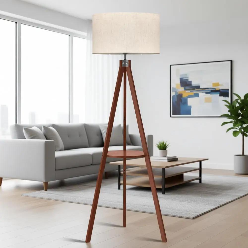

Торшер-трипод, напольная лампа Century Wood, современный дизайнерский торшер для гостиной, спальни, офиса, с льняным абажуром и цоколем E26 B