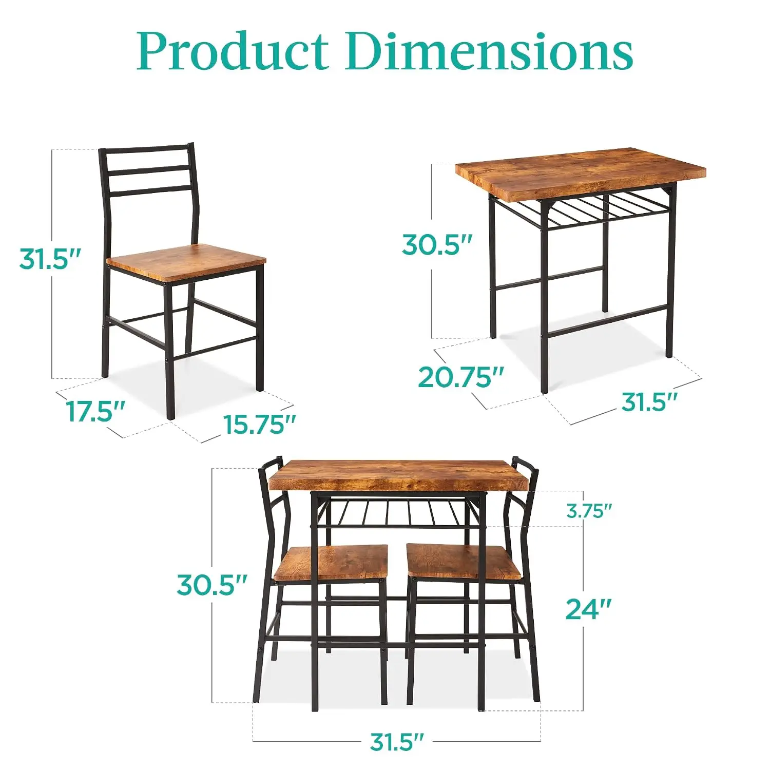 3-Piece Modern Dining Set, Space Saving Dinette for Kitchen, Dining Room, Small Space w/Steel Frame, Built-in Storage Rack