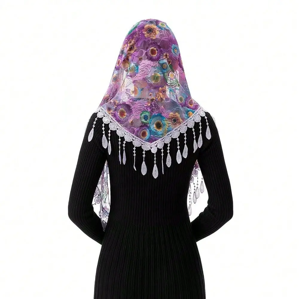 

Mass Veil Triangle Mantilla Cathedral Head Covering Chapel Veil Lace Shawl Latin Scarf Colorname Lilac