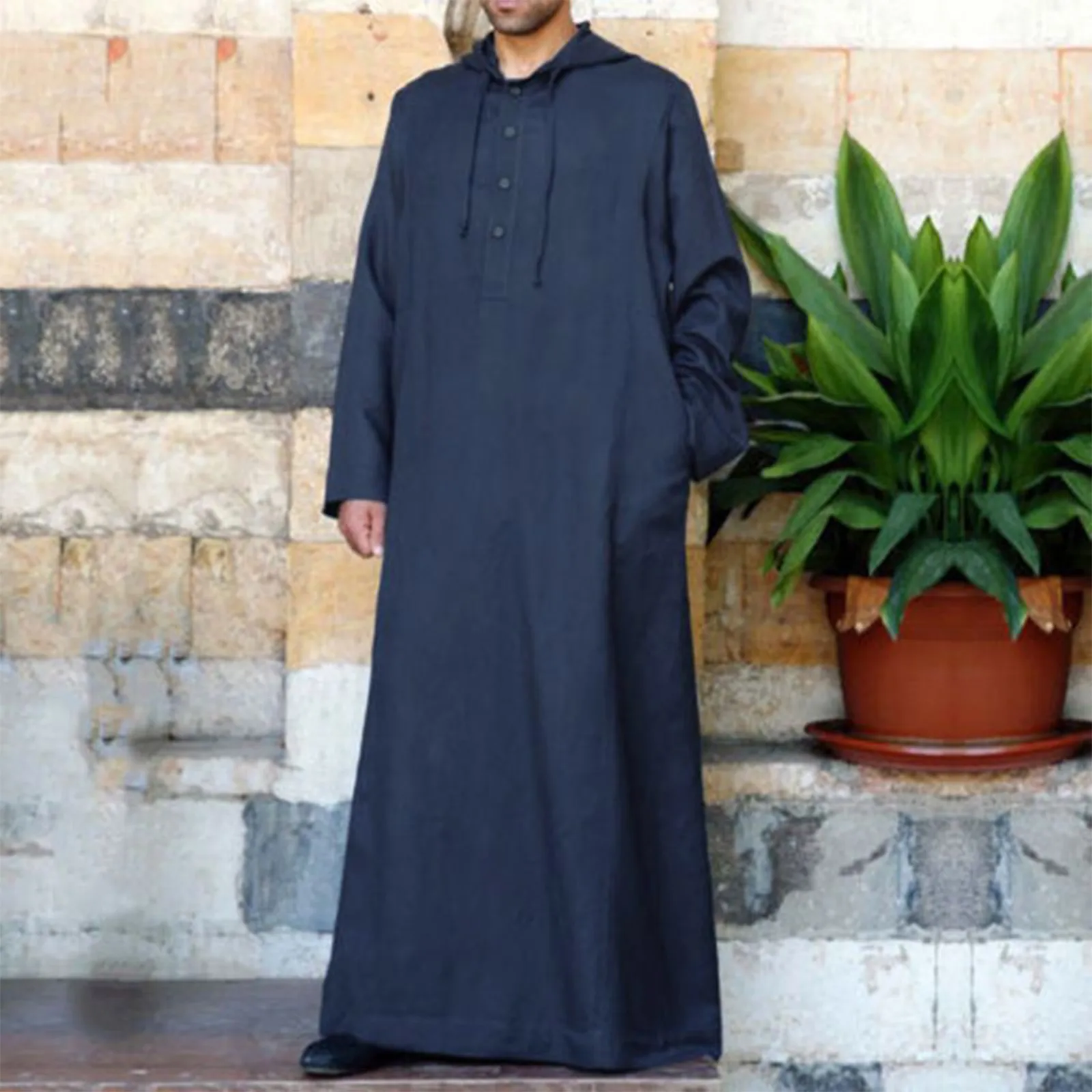 Dubai Saudi Arab Kaftan Effen Kleur Mannen Kleren Moslim Mannen Jubba Thobe Lange Mouw Capuchon Ademend Gewaad Losse Mannelijke Thobe Gewaad