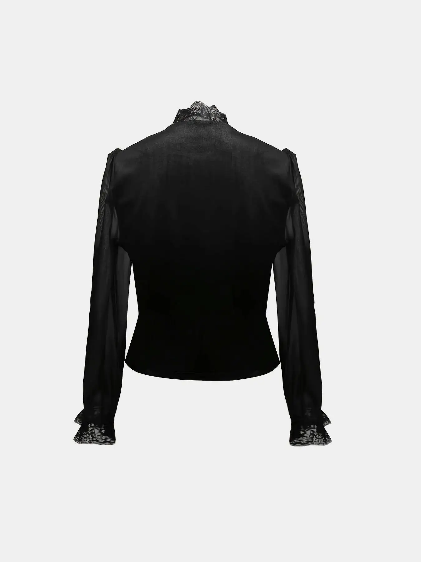 Ladies Solid Color Lace Trim Fitted Shirt Top with Button Placket Transparent Bubble Long Sleeves Lace Collar And Cuff