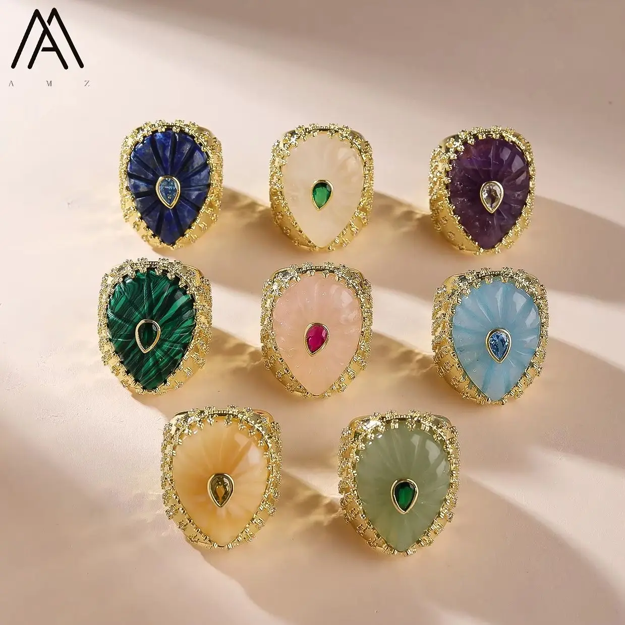 Women Natural Stone Rings Prong‑Set Ring with Side CZ Natural Stone Jewelry 18K Gold Plated Party Birthday Rings Gifts 1PCS