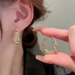 Huitan Luxury Trendy Cubic Zirconia Hoop Earrings Gold Color Fashion Earrings for Women Modern Versatile Female Shiny CZ Jewelry