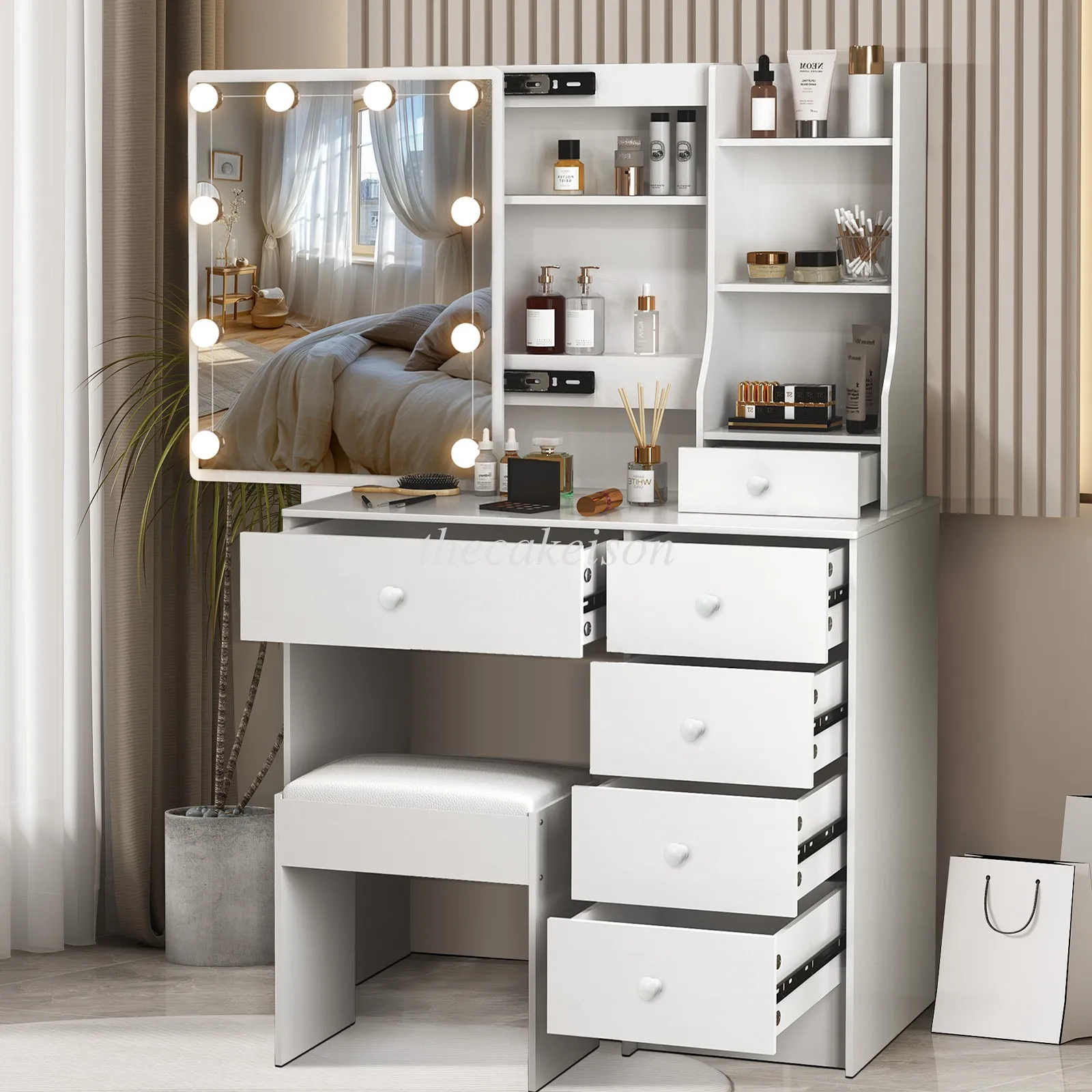 Tocador de maquillaje Escritorio de tocador de maquillaje iluminado LED con 6 cajones y taburete para clientes de EE. UU.