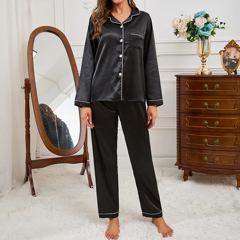 Women Satin Pajamas Autumn Long Sleeve Buttons Lapel Top & Pants Sleepwear 2 Piece Button-Down Pj Set Homewear Cozy Lounge Set