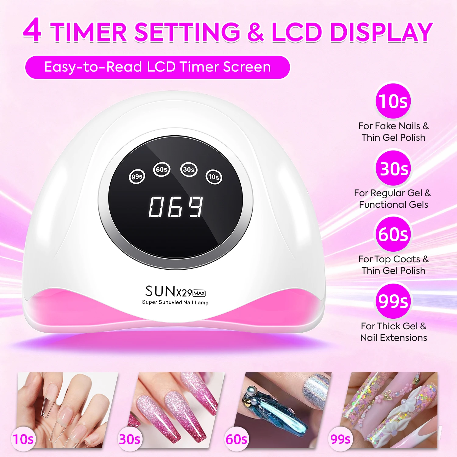 DianaBeauty Lampada per unghie UV professionale a LED da 380 W per smalto gel ad asciugatura rapida Lampada per asciugatura gel da 90 LED con 4 impostazioni timer
