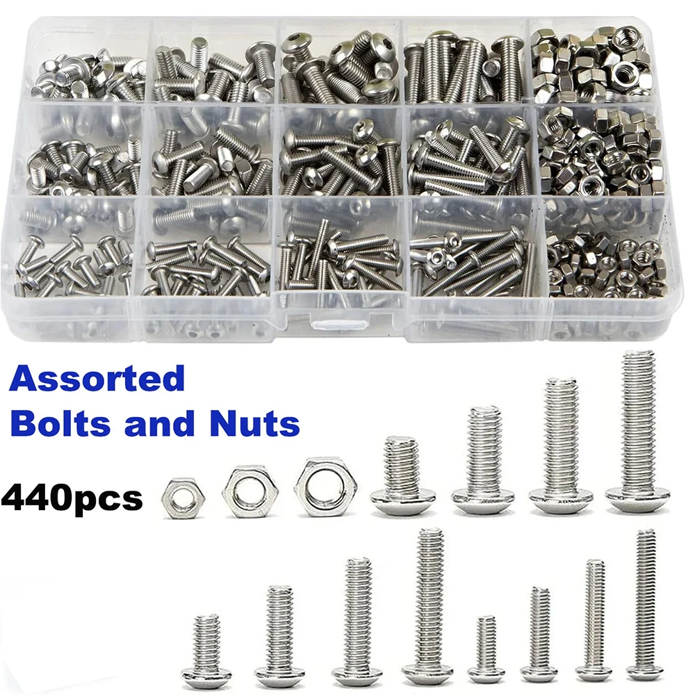 440 pcs Assorted Box kit ,M3 M4 M5 Nuts And Bolts Set Screws Stainless Steel