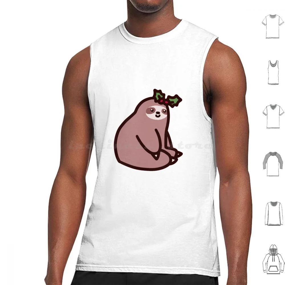 Holly Sloth Tank Tops Print Cotton Sloth Sloths Holly Christmas Holiday Holidays Animals Cute Cutesy Chibi Adorable Kawaii