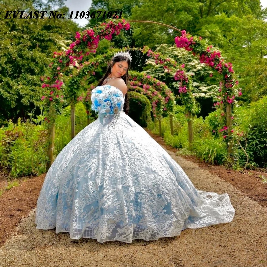 فستان Quinnceanera أزرق السماء من EVLAST-Princess ، دانتيل لامع ، مطرز بالخرز ، فستان 16 كرة حلو ، مكسيكي ، SQ512