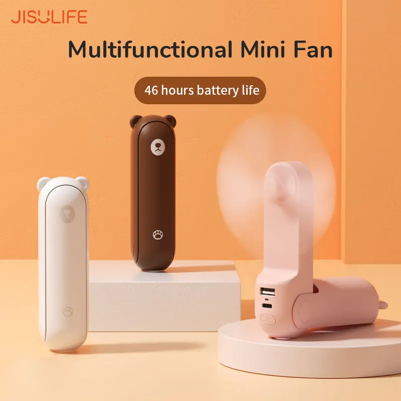 JISULIFE Mini ventilateur portatif USB Ventilateurs électriques rechargeables à vent fort Refroidissement de poche ultra-silencieux Éventail manuel avec lampe de poche pour bureau extérieur étudiant