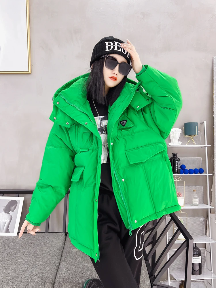 Loose Hooded Solid Color Thicken Parkas Winter Windproof Cotton Padded Coats Korean Women Elegant Long Sleeve Bread Short Jacket