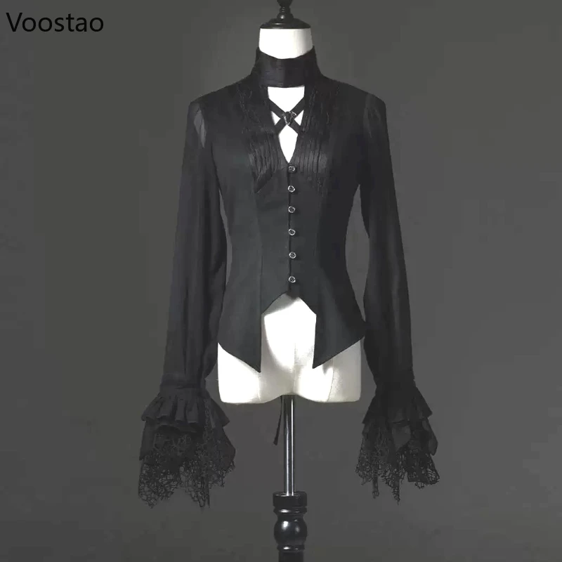 

Gothic Y2k Dark Lolita Shirts Women Vintage V-Neck Long Sleeve Blouses Couple Halloween Victorian Retro Slim Clothes Tops Unisex